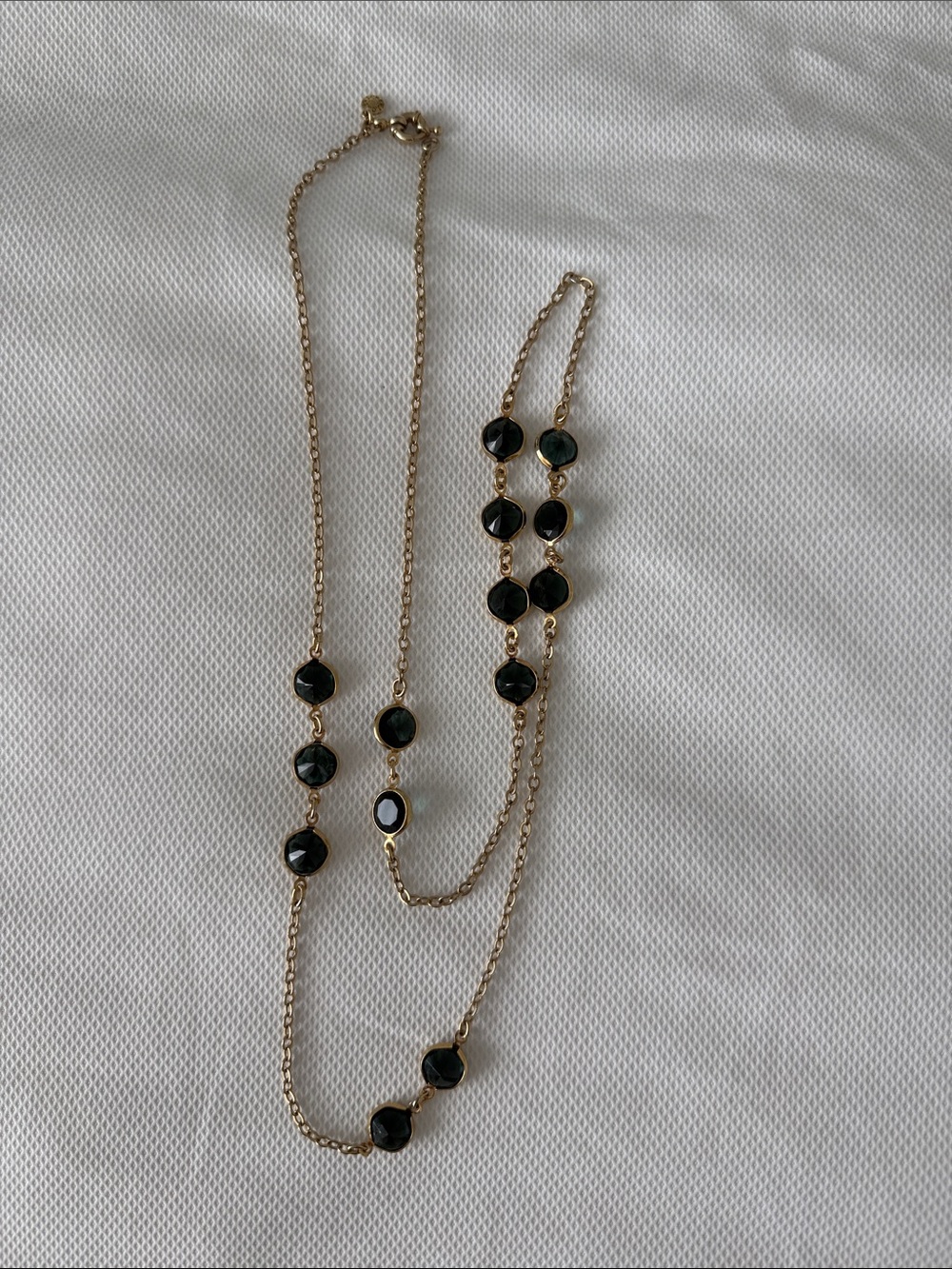 J. Crew Shiny Gold Link Necklace with Deep Blue Stones with Branded Disc